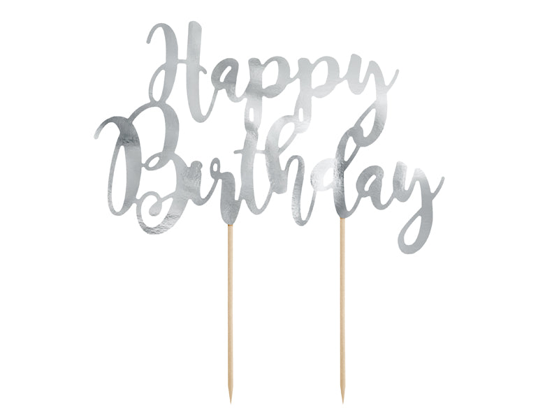 Party Deco - קישוט עוגה Happy Birthday, silver, 22.5cm