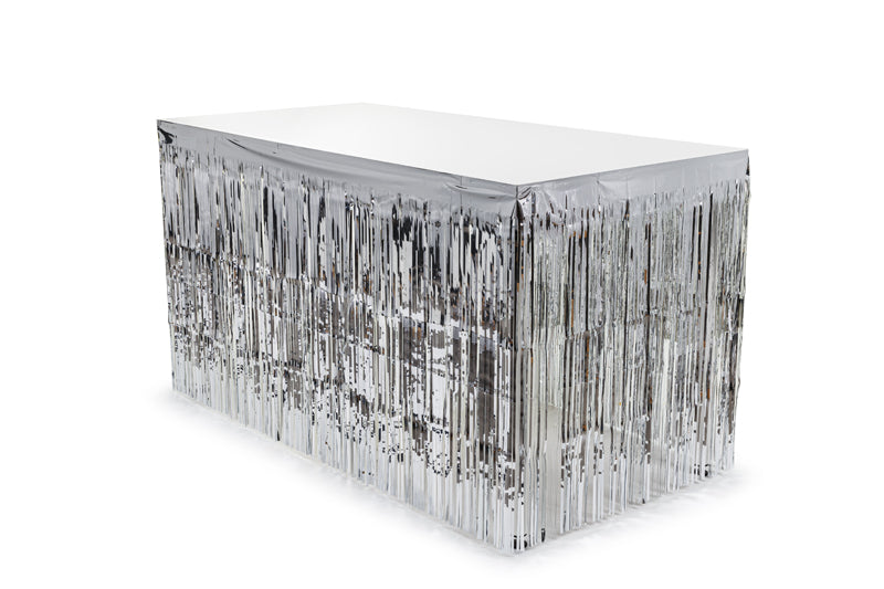 Party Deco - Fringe table skirt, silver, 300x80cm