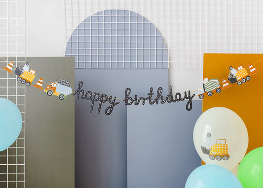PartyDeco - באנר Happy Birthday כלי רכב בנייה