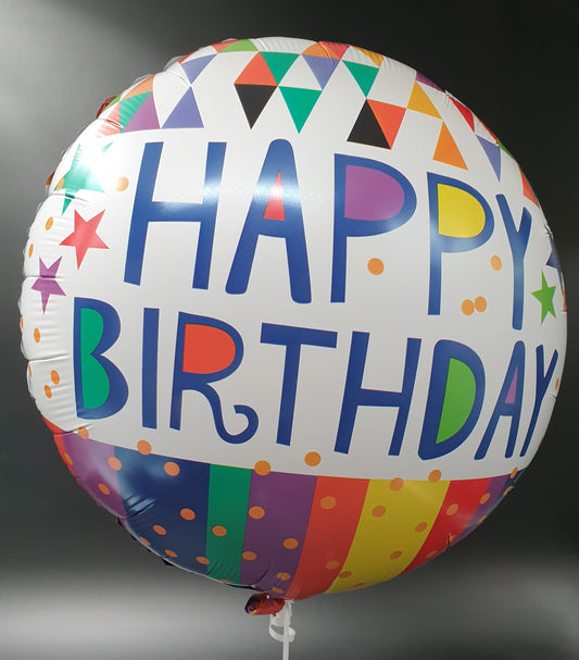 בלון Happy Birthday משולשים ופסים צבעונים 18"