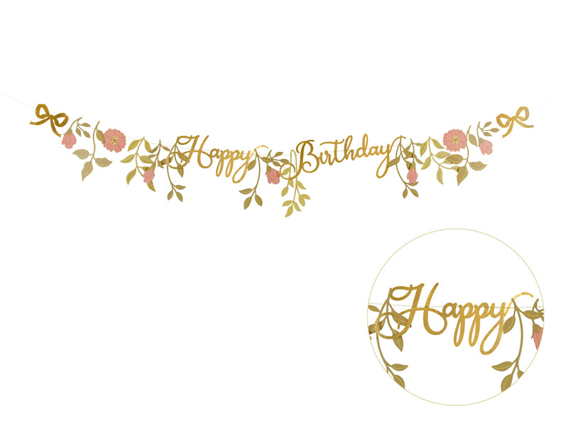 Party Deco - שלט Happy Birthday Flowers, pink-gold, 1.3m