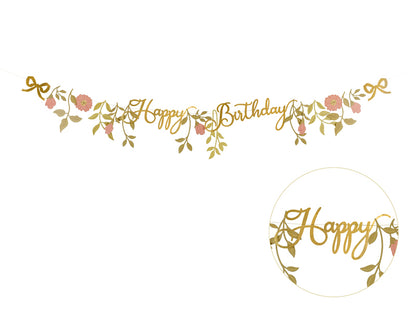 Party Deco - שלט Happy Birthday Flowers, pink-gold, 1.3m