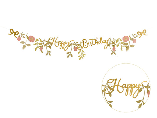 Party Deco - שלט Happy Birthday Flowers, pink-gold, 1.3m