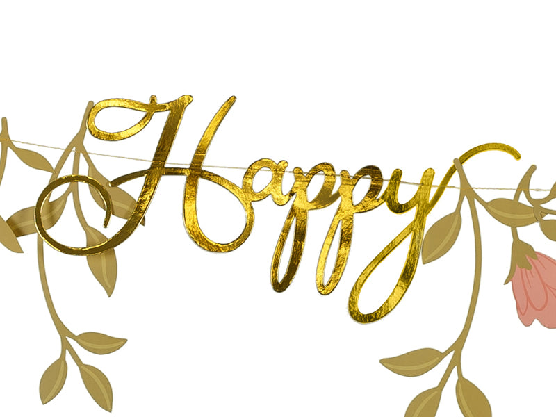 Party Deco - שלט Happy Birthday Flowers, pink-gold, 1.3m - תמונה 2