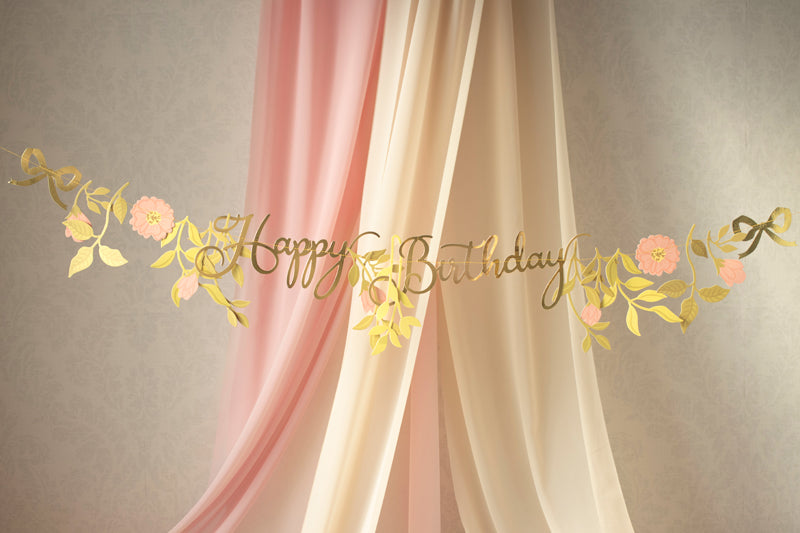 Party Deco - שלט Happy Birthday Flowers, pink-gold, 1.3m - תמונה 3