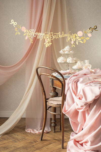 Party Deco - שלט Happy Birthday Flowers, pink-gold, 1.3m - תמונה 5
