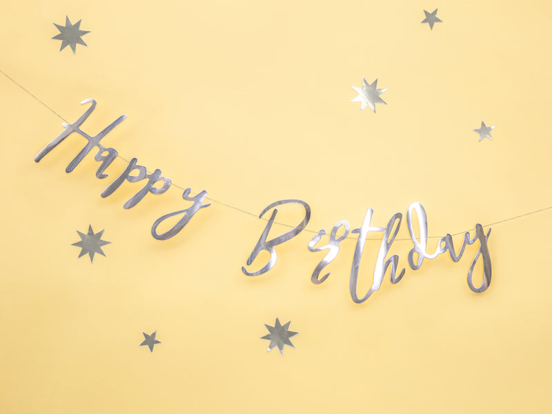 Party Deco - שלט Happy Birthday, silver, 16.5x62cm - תמונה 3