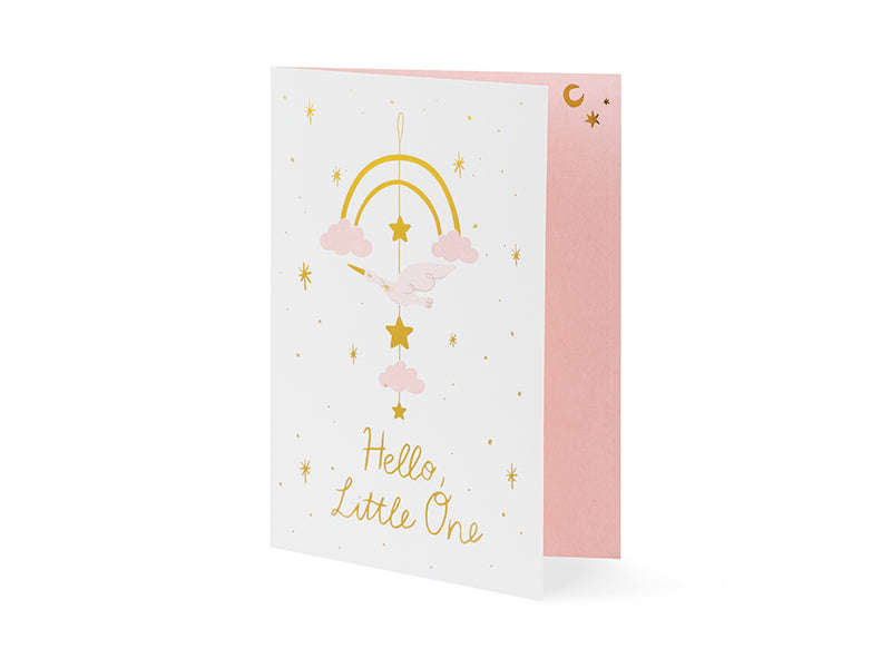 Party Deco - כרטיס עם תליון Stork, light pink, 14x20 cm