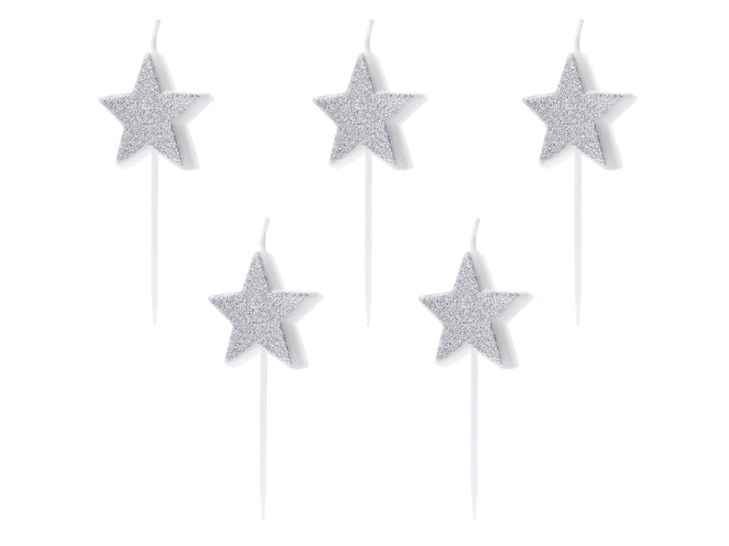 Party Deco - נרות יום הולדת Stars, silver, 3.5cm: 1pkt/5pc.