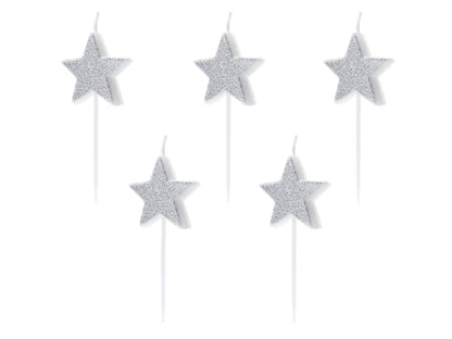 Party Deco - נרות יום הולדת Stars, silver, 3.5cm: 1pkt/5pc.