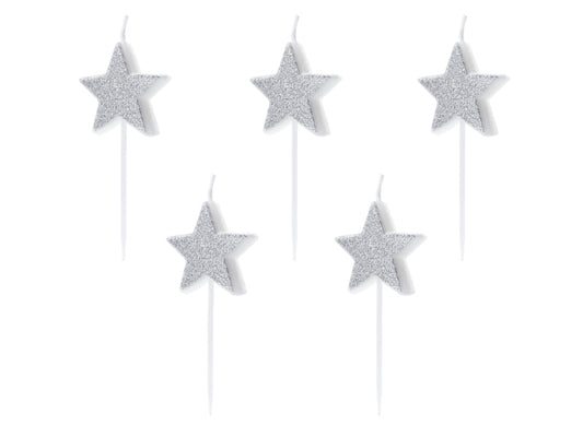 Party Deco - נרות יום הולדת Stars, silver, 3.5cm: 1pkt/5pc.