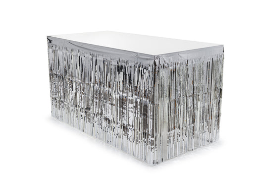 Party Deco - Fringe table skirt, silver, 300x80cm