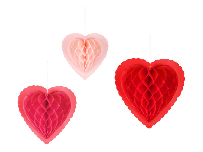 Party Deco - קישוט כוורת נייר Hearts, mix, 20-30 cm: 1pkt/3pc.