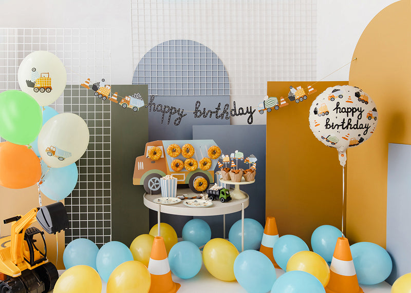 PartyDeco - באנר Happy Birthday כלי רכב בנייה