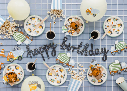 PartyDeco - באנר Happy Birthday כלי רכב בנייה