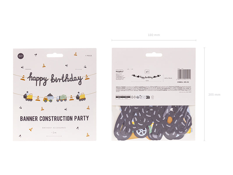 PartyDeco - באנר Happy Birthday כלי רכב בנייה