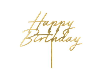 PartyDeco - קישוט עוגה אקריליק Happy Birthday זהב