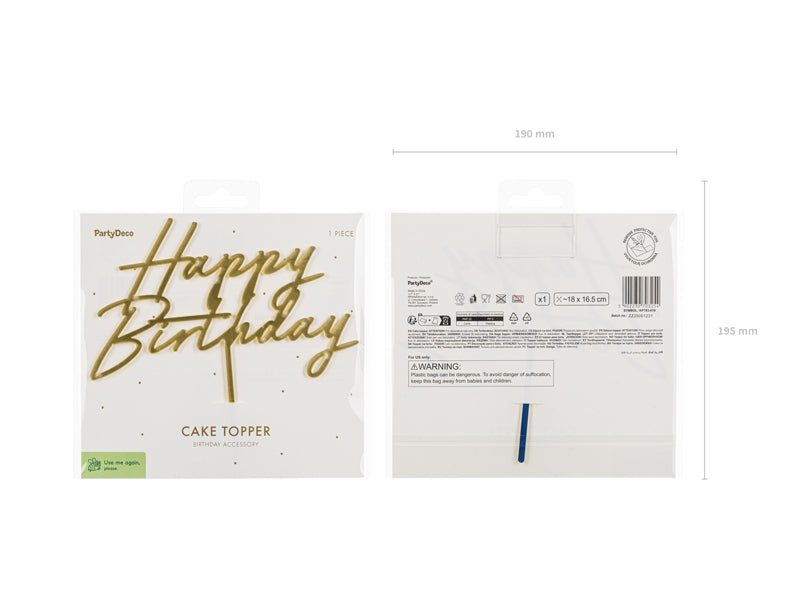 PartyDeco - קישוט עוגה אקריליק Happy Birthday זהב