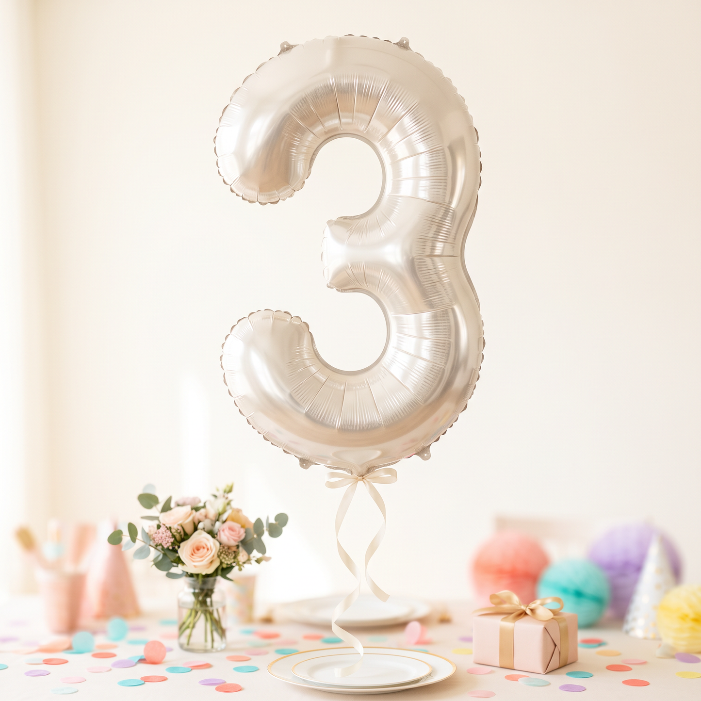 בלון ספרה 3 לבן חול כרום 34"