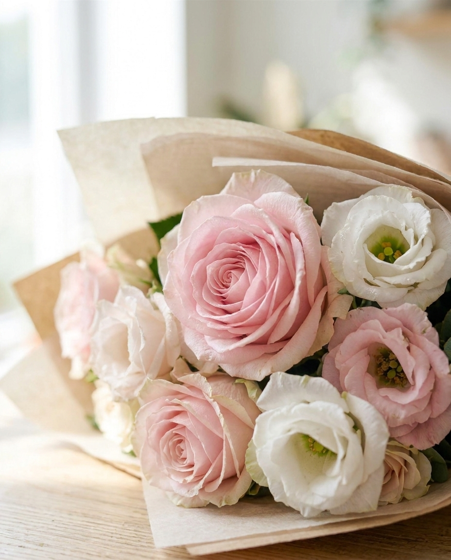 זר ורדים וליזיאנתוס - תקריב
